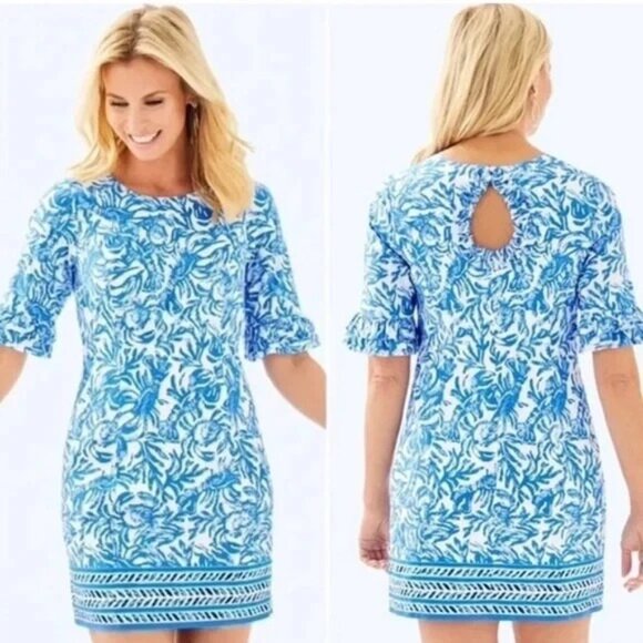 EUC Lilly Pulitzer Resort Fiesta Crab/Lobster Stretch Poplin Resort Mini Dress 2 - Picture 3 of 12